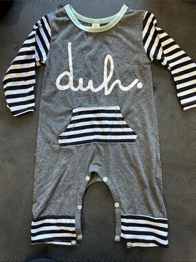 Kids Grey 'duh.' One-Piece Romper with Striped Accents